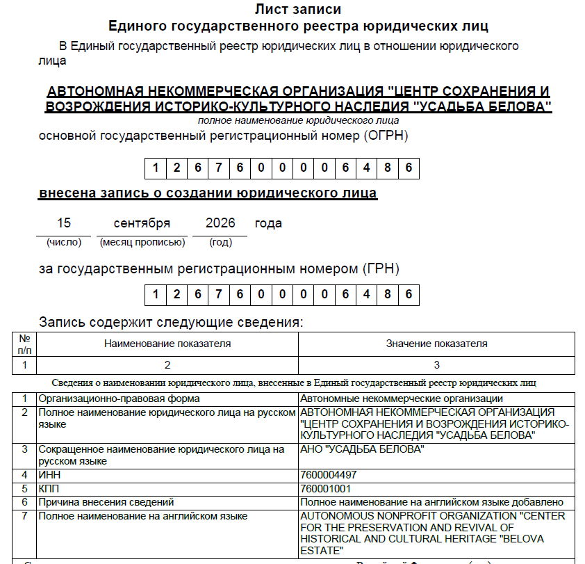 Усадьба Белова стала официальной некоммерческой организацией 1 Лист записи ЕГРЮЛ Усадьбы Белова