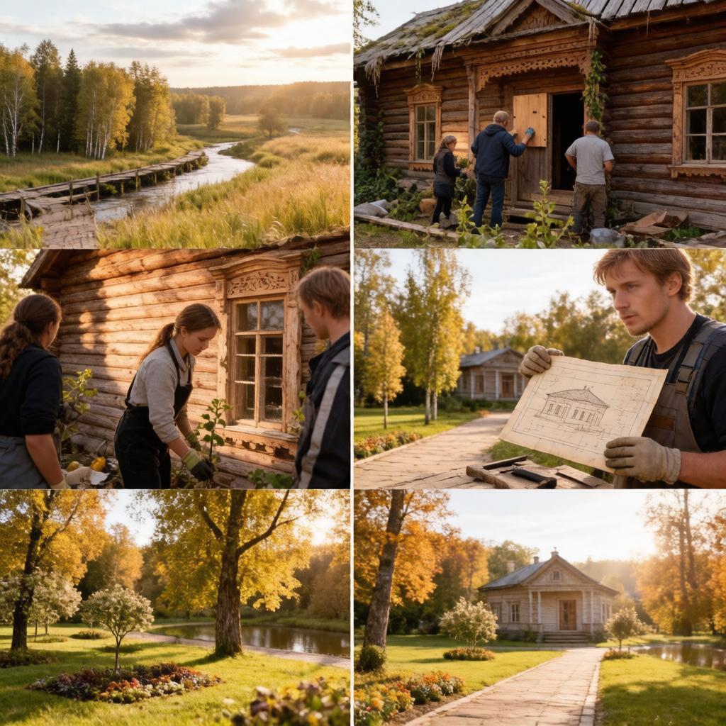 image (3) Коллаж из семи фото процесса реставрации деревянного дома с белой отделкой и кирпичной дорожкой